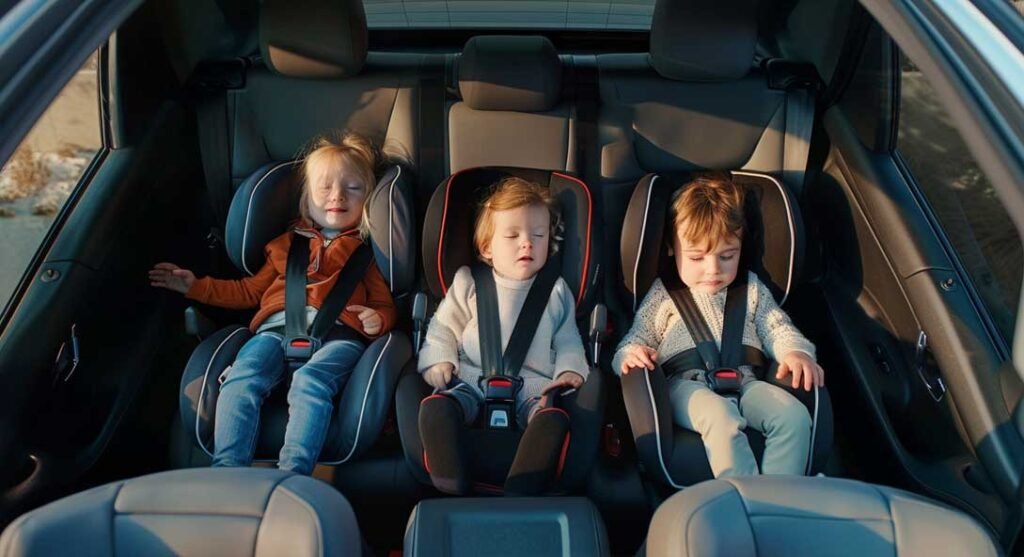 wie man 3 Babyschalen auf dem Rücksitz eines Autos anbringt