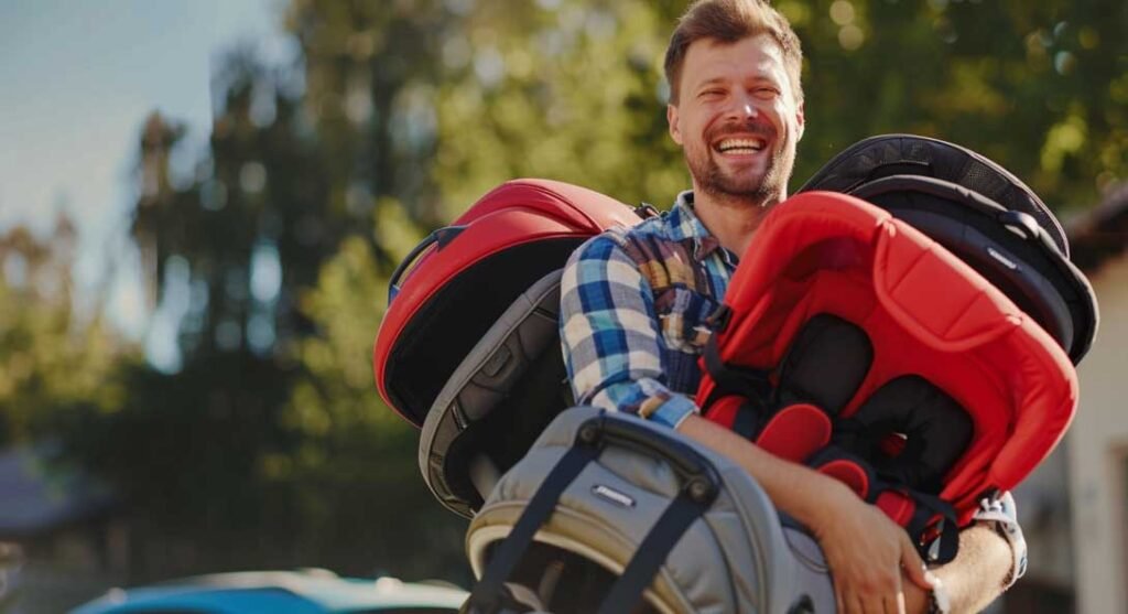 Papa mit 3 Babyschalen im Arm